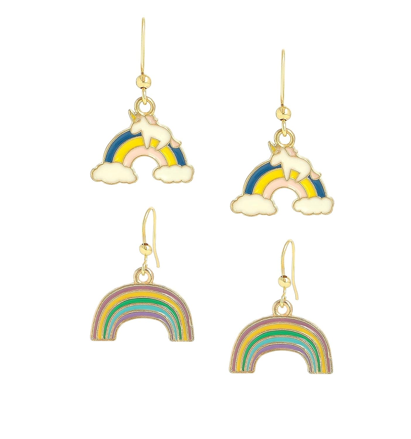 El Regalo Set of 2 Pairs Colorful Unicorn, Rainbow, Shooting Star Hook Earrings for Kids, Girls & Women- Hypoallergenic Girls Kids Enameled Stud Earring Set (Rainbow & Unicorn Earrings)