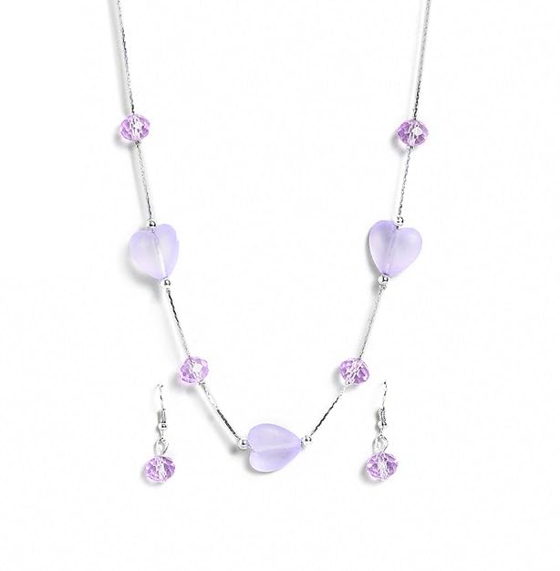 El Regalo 2PCs Crystals Beads Necklace & Earrings Jewelry Set for Kids/Girls & Teens - Shimmering/Matt Crystal Beads Fancy Jewelry Set (Purple Heart)
