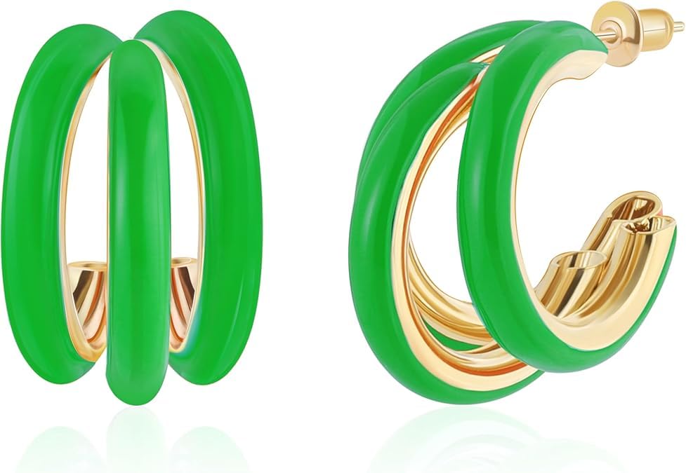 El Regalo Gold Chunky Triple Open Hoop Earrings for Women & Girls | Trendy Minimalist Statement Jewelry (Jade Green)