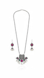 El Regalo Elegant Oxidized Designer Indian Ethnic Stones Necklace & Earrings Jewelry Set in Silver Finish (Ruby Red)