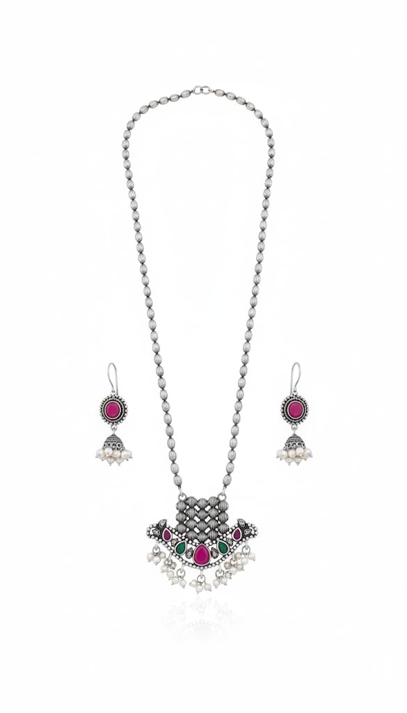 El Regalo Elegant Oxidized Designer Indian Ethnic Stones Necklace & Earrings Jewelry Set in Silver Finish (Ruby Red)