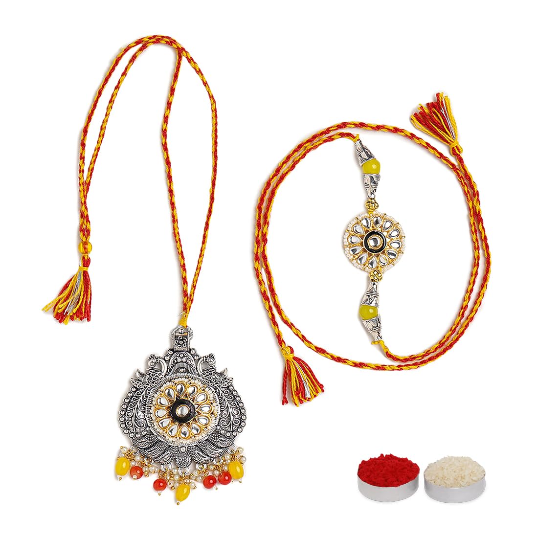 El Regalo Designer Bhaiya- Bhabhi Rakhi Luma/Lumba Set- Kundan, Pearls Rakhi with Roli Chawal in Gift Box- Luma Convertible into Necklace (Option-10)