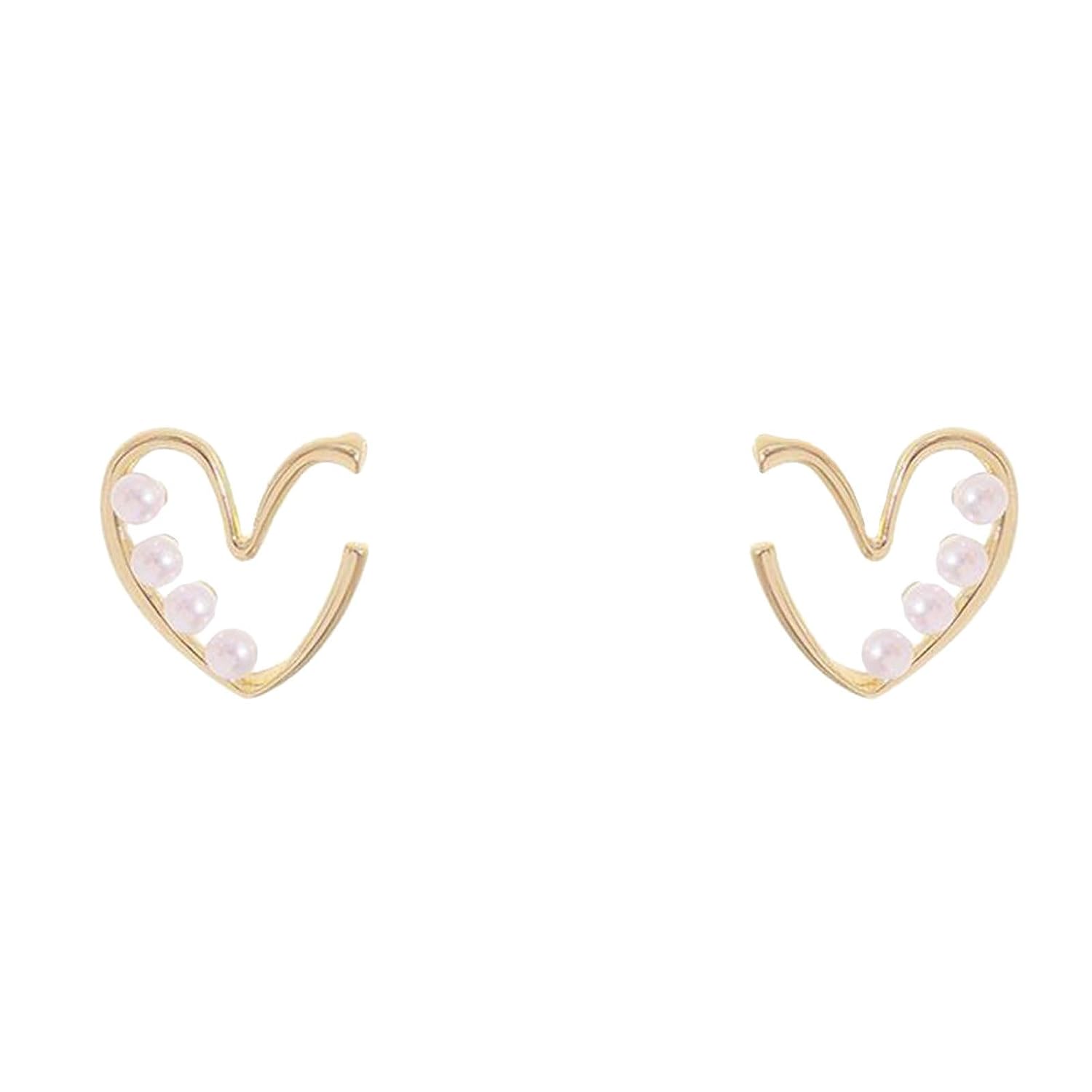 El Regalo Pearl Heart Ear Stud Earrings- Gold Pearl Studs Earrings Love Heart Earrings Jewelry for Women and Girls Gifts