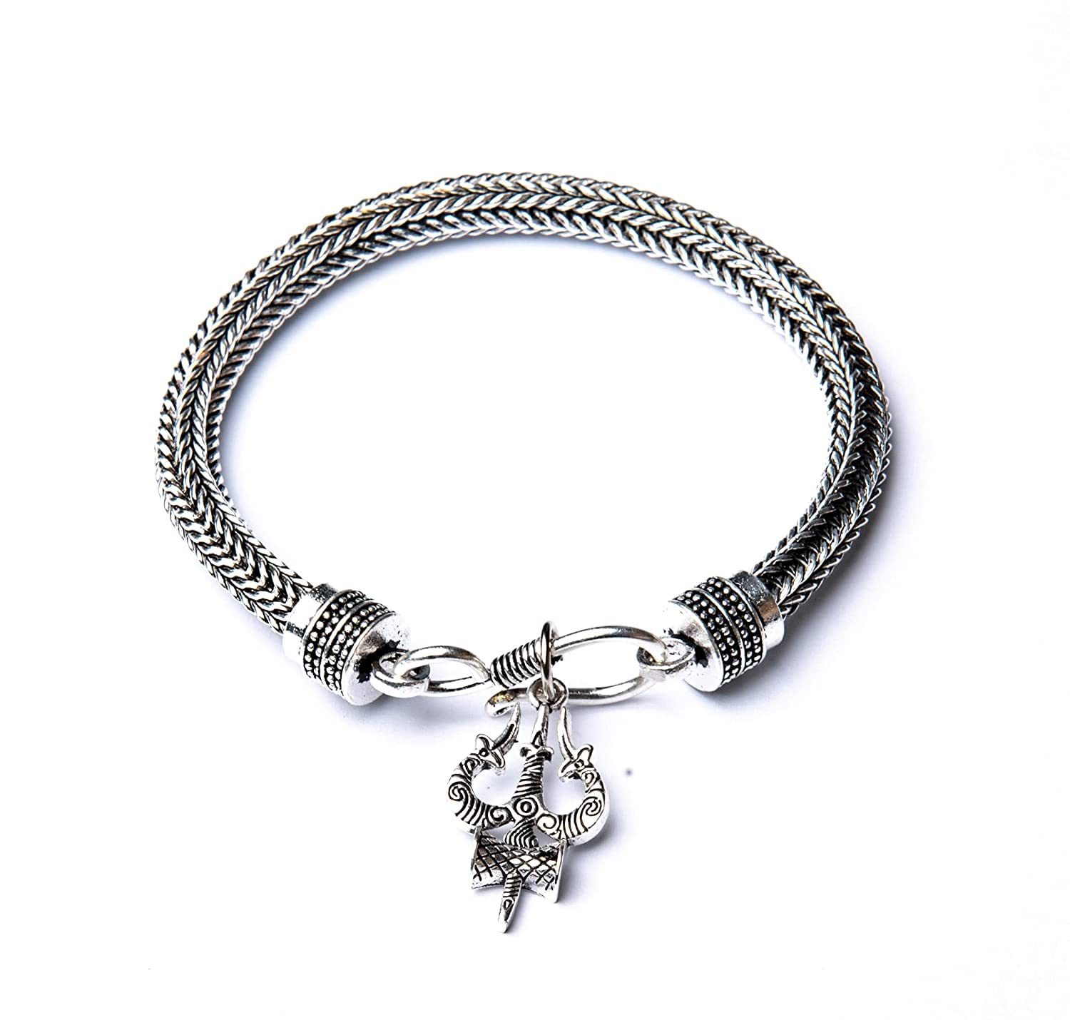 El Regalo Men Bracelet- Brass Trident Charm Bracelet in Antique Silver Finish- Shiva Trishool Bracelet for Boys & Men