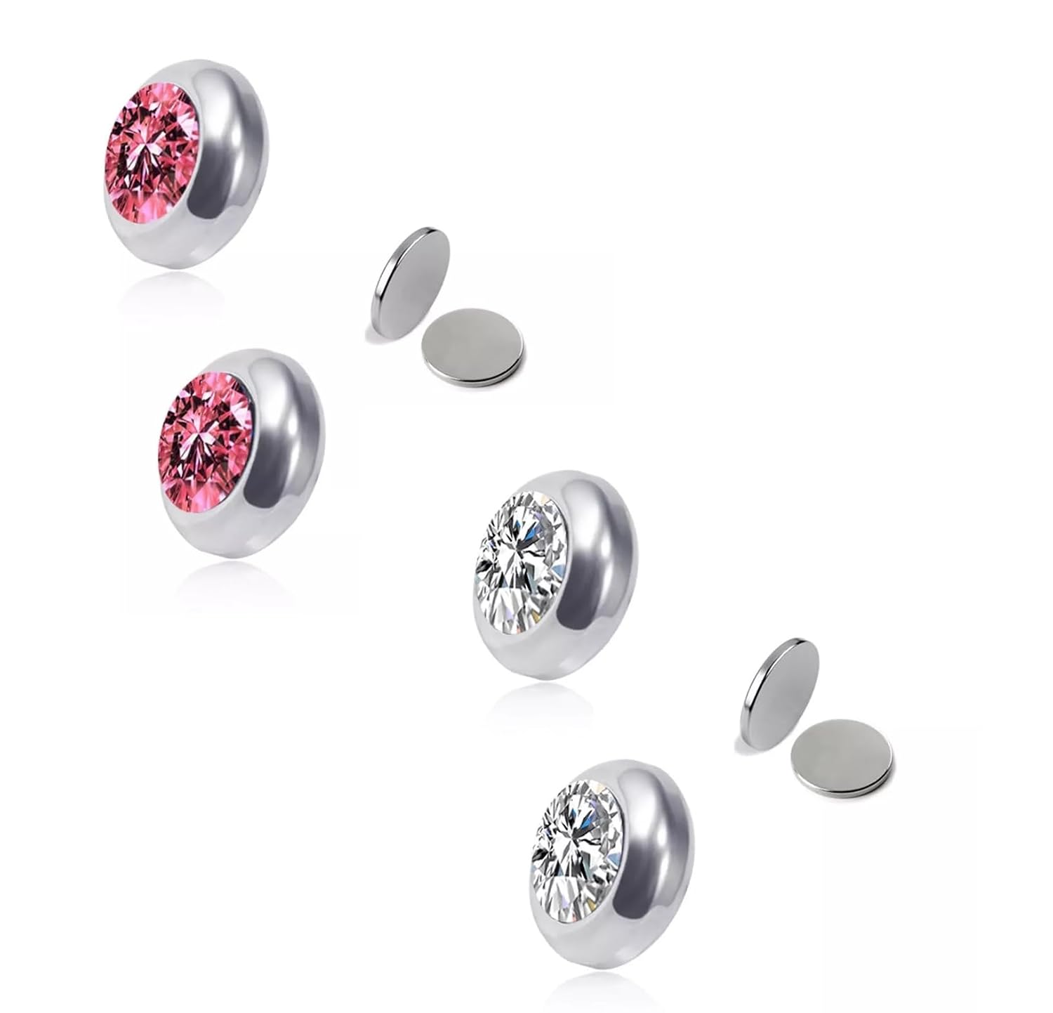 El Regalo 2 Pairs Non-Pierced CZ Magnetic Clip-On Unisex Earrings for Men/Women/Girls/Boys - Colorful CZ Fake Crystal Ear Stud Earrings (Pink & White)