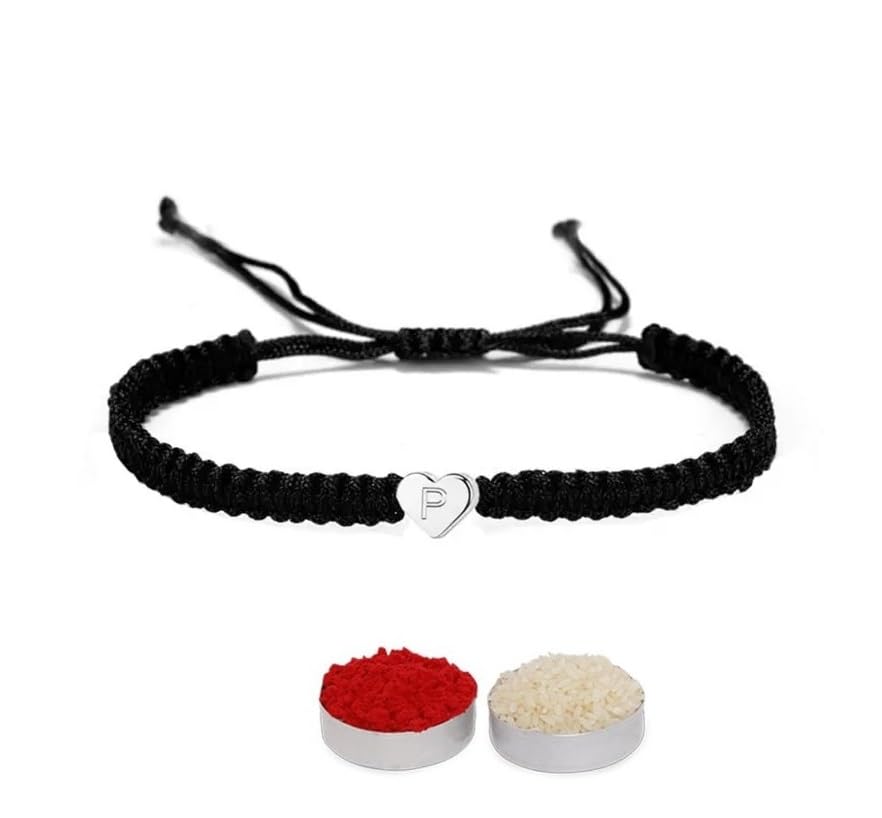 El Regalo Heart Name Initials Letter Minimalist Rakhi for Brother with Roli-Chawal Shagun, Rakhi Message Card in Rakhi Gift Box (P Name Letter)