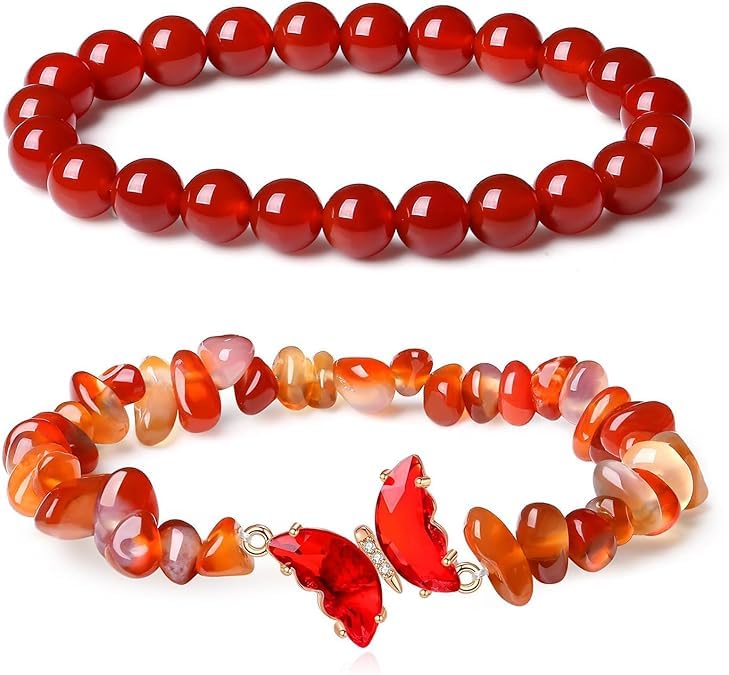 El Regalo 2PCs Natural Crystals Butterfly Bracelets Set- Real Crystals Healing Stones Bracelet Combo for Women (Red Agate)