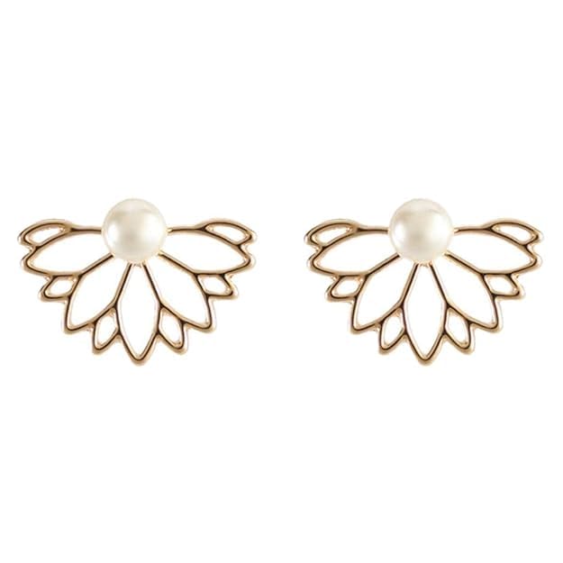 El Regalo Lotus Flower Pearl Ear Jacket Earrings for Women & Girls - Front Back Double-Sided Hollow Lotus Flower Stud Earrings - Elegant Ear Cuffs with Pearl Design - 2 Wearing Styles (Gold)