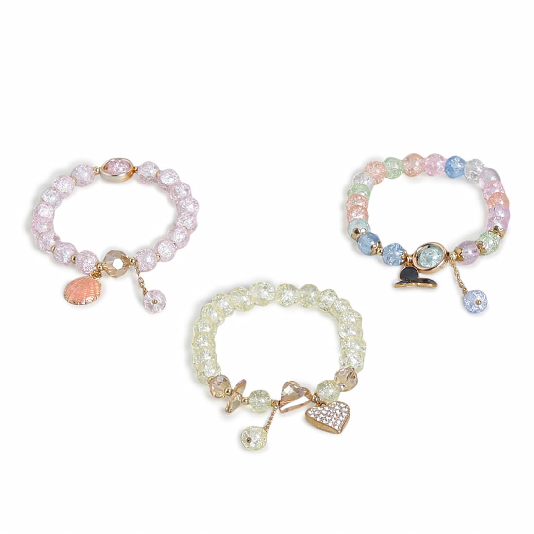 El Regalo 3PCs Opal Stone, Crystal Beads Tassel Bracelet With Cute Enamel Charms Star, Shell, Rainbow, Flowers, Swan, Pearls etc. for Kids/Girls/Teens/Women (Option-3)