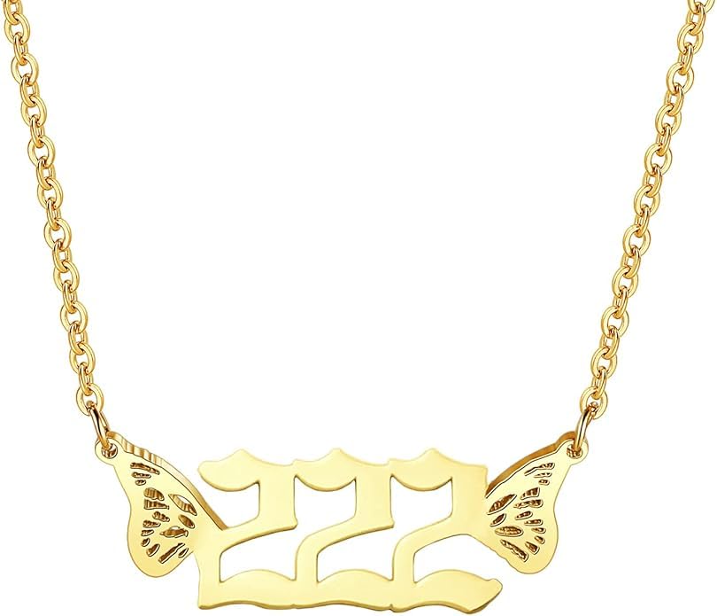 El Regalo Small Butterfly Wings Angel Number Necklace- Stainless Steel, Anti Tarnish, Angel Number Numerology Jewelry for Women & Girls (Angel Number 222)