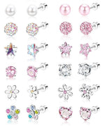 El Regalo 12 Pairs Cute & Tiny Screw Back Earrings Set for Women, Girls & Kids | 316L Stainless Steel Stud Earrings with Pearl, Heart, Flower & Star Designs | Comfortable Flat Back Screw Studs - Pink, Silver & Multicolor