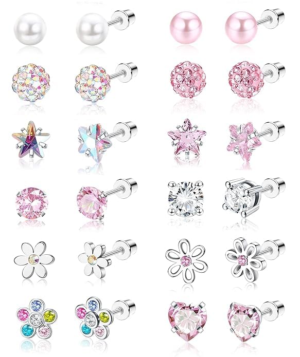 El Regalo 12 Pairs Cute & Tiny Screw Back Earrings Set for Women, Girls & Kids | 316L Stainless Steel Stud Earrings with Pearl, Heart, Flower & Star Designs | Comfortable Flat Back Screw Studs - Pink, Silver & Multicolor