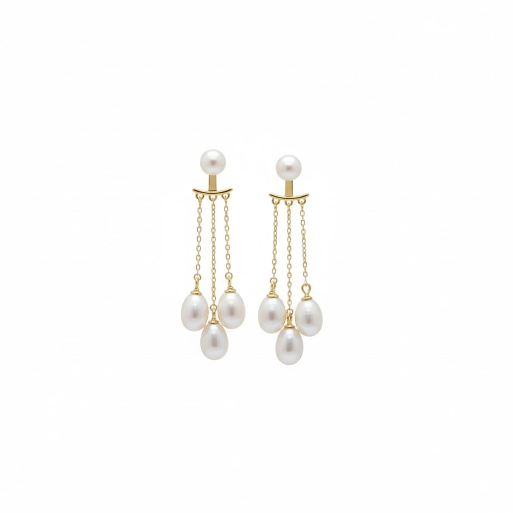 El Regalo Luxury Pearl Drop Tassel Front Back Earrings for Women - Gold Plated Multi-Pearl Dangle Ear Jacket Studs - Elegant White Vintage Earrings