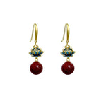El Regalo Lotus Design Drop Earrings for Women & Girls - Gold Plated Enamel Earrings with Red Stone Bead Pendant - Ethnic & Contemporary Earrings