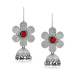 El Regalo Beautiful Small Traditional Ethnic Bollywood Style Vintage Floral Jhumka Earrings for Women & Girls in Antique Oxidized Silver Finish (Red)