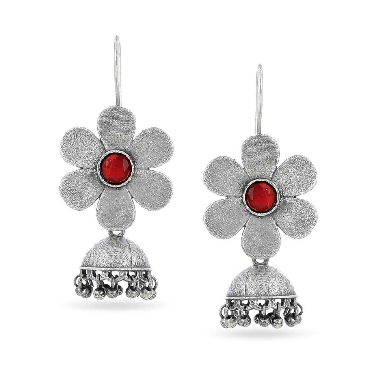 El Regalo Beautiful Small Traditional Ethnic Bollywood Style Vintage Floral Jhumka Earrings for Women & Girls in Antique Oxidized Silver Finish (Red)
