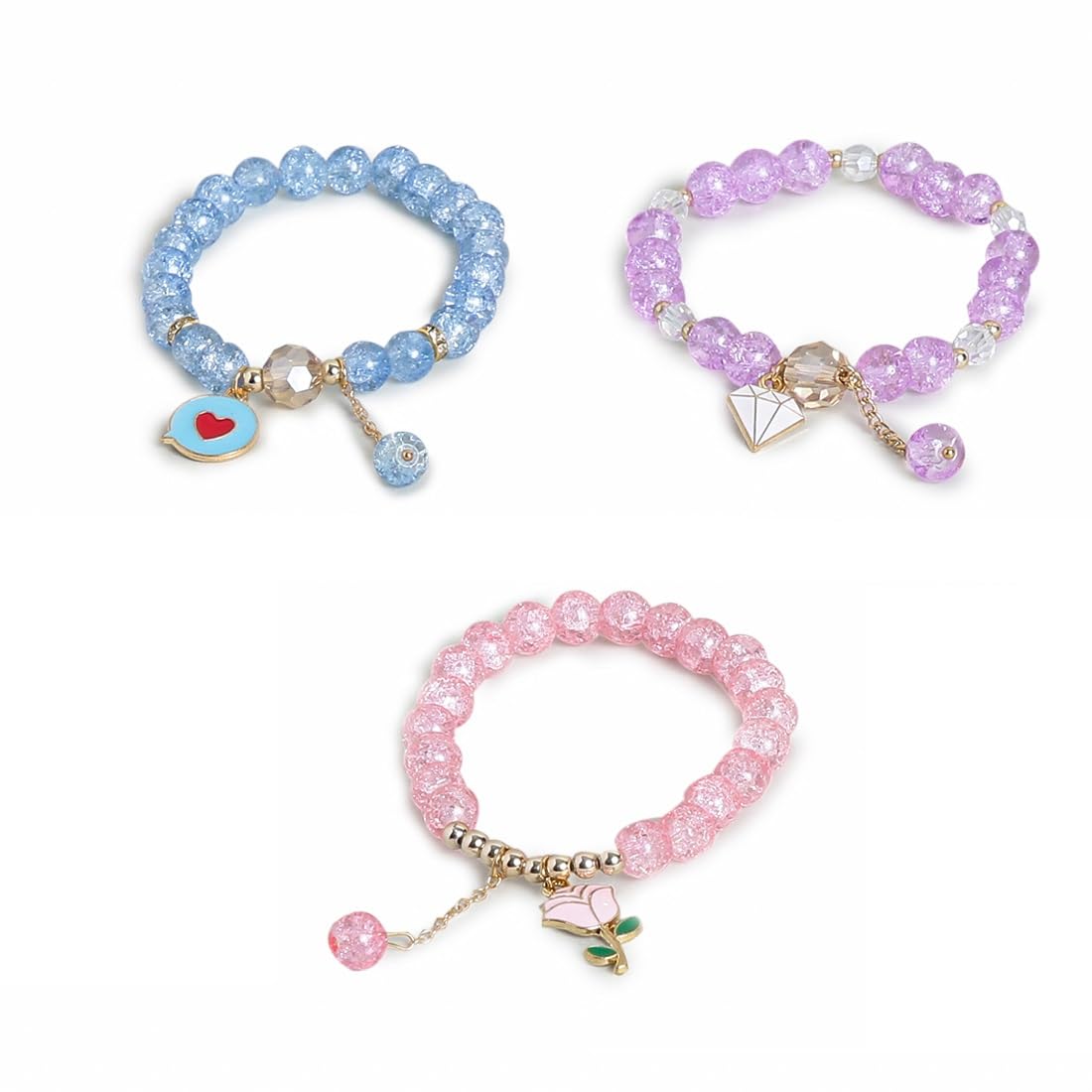 El Regalo 3PCs Opal Stone, Crystal Beads Tassel Bracelet With Cute Enamel Charms Star, Shell, Rainbow, Flowers, Swan, Pearls etc. for Kids/Girls/Teens/Women (Option-4)