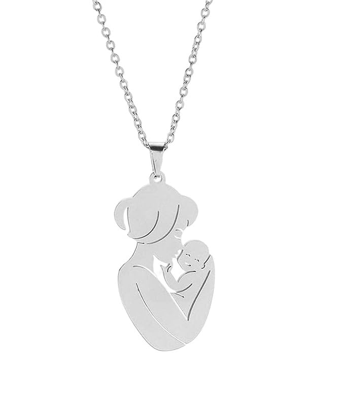 El Regalo Cute Stainless Steel Mother-Baby Pendant Necklace for Women/New Moms- Anti Tarnish Mothers Day Gift/Baby Shower Gift (Silver)