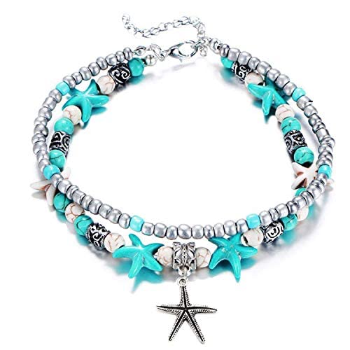 El Regalo Antique Silver Tone Multi Layer Turquoise Beach Beaded Bohemian Fashion Charm Anklets for Women & Girls (Star Charm)