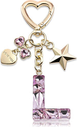 El Regalo Personalized Glitter Initial Letter Keychain for Girls & Women - Cute Pink Resin Alphabet Keyring with Heart & Star Charms - Fancy Luxury Bag Accessory & Birthday Gift (Letter L)