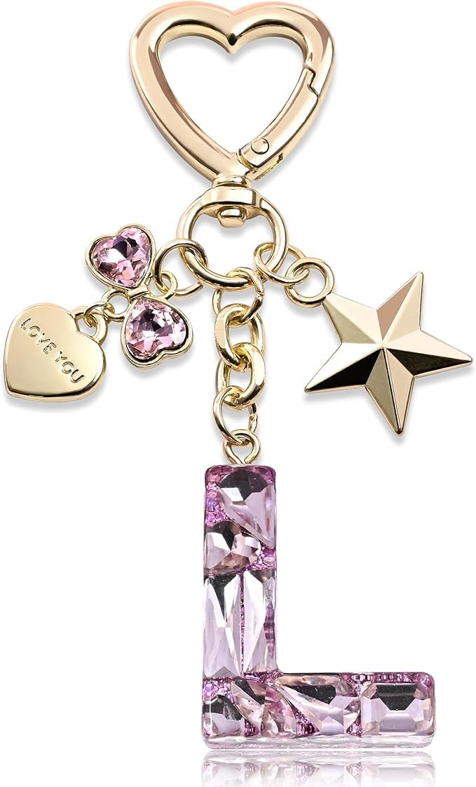 El Regalo Personalized Glitter Initial Letter Keychain for Girls & Women - Cute Pink Resin Alphabet Keyring with Heart & Star Charms - Fancy Luxury Bag Accessory & Birthday Gift (Letter L)