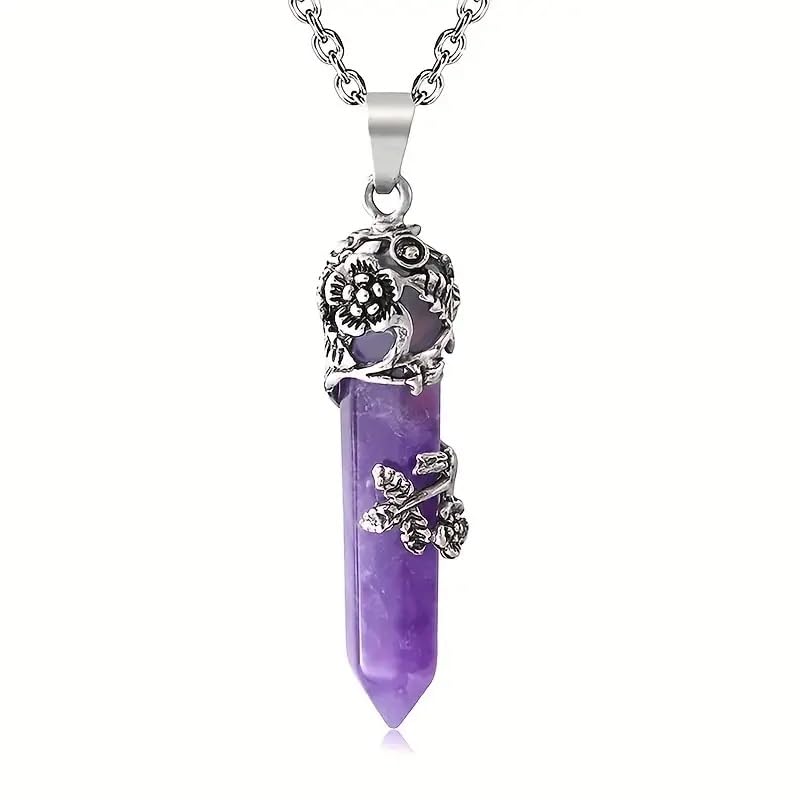 El Regalo 1PC Flower Wrapped Hexagonal Healing Natural Stones Point Pendant Unisex Necklace- Natural Stones Reiki Healing Crystals Necklace in Antique Silver Finish (Purple- Amethyst-Chain)