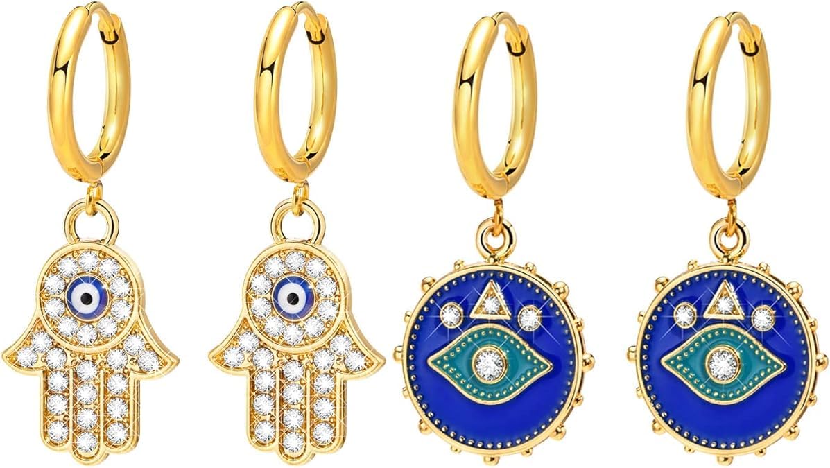 El Regalo 2 Pairs Evil Eye Hamsa Hand CZ Earrings for Girls/Women - Micro-inlaid Cubic Zirconia Evil Eye & Hamsa Hand of Fatima Earrings, Fashion Dangle Drop Earrings