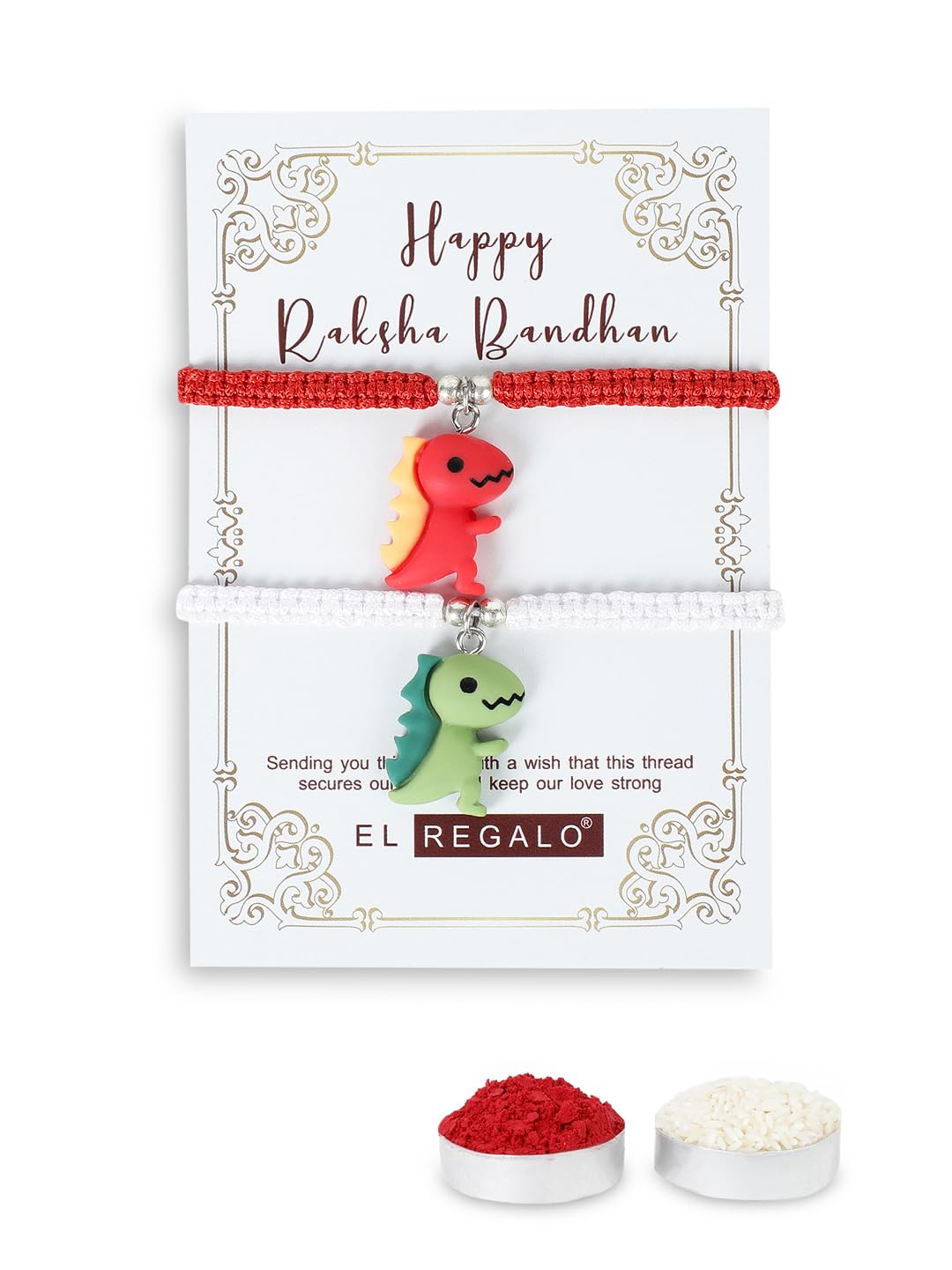 El Regalo 2PCs Cute Kids Dinosaur Bracelets Rakhi Combo for Brother with Roli Chawal, Rakhi Message Card in Rakhi Gift Box (Orange, Green)