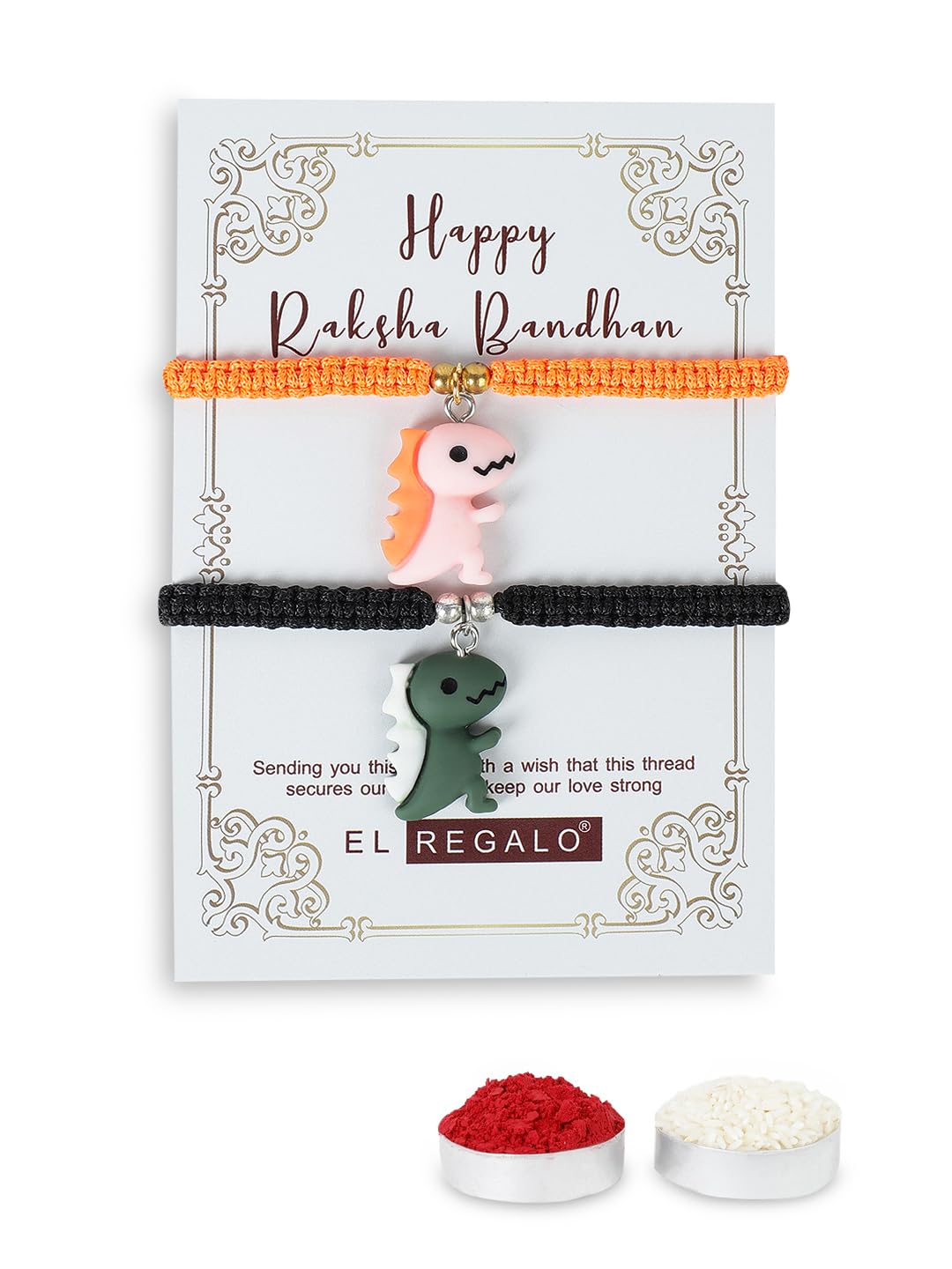 El Regalo 2PCs Cute Kids Dinosaur Bracelets Rakhi Combo for Brother with Roli Chawal, Rakhi Message Card in Rakhi Gift Box (Black Yellow)