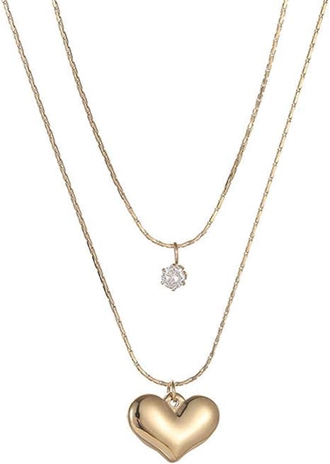El Regalo Women & Girls Stainless Steel Double Layer Heart & Crystal Pendants Necklace- Glamorous Anti Tarnish Yabi Wind Double Clavicle Chain Female Love Pendant Necklace