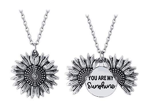 El Regalo "You Are My Sunshine" message Sun Flower Openable Pendant Necklace for Girls & Women (Metallic Silver)- Valentines Day Gift