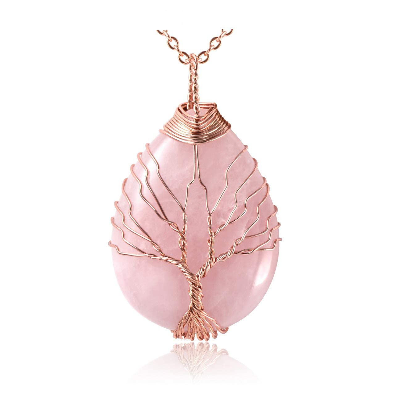 El Regalo Tree of Life Wire Wrapped Drop Natural Stones Healing Crystal Chakra Pendant Necklace - Unique Handcrafted Gemstones Pendant Necklaces (Rose Quartz) For Unisex Adult