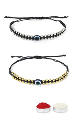 El Regalo 2PCs Simple Evil Eye Silver & Golden Beads Bracelet Rakhi Set for Brothers/Bhaiya-Bhabhi with Roli Chawal In Rakhi Gift Box- Elegant Rakhi for Bhai (Silver & Golden Black)