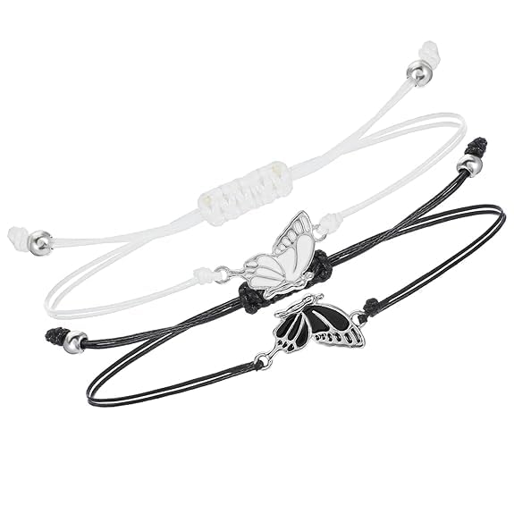 El Regalo 2PCs Butterfly Friendship Bracelets Set for Girls - Adjustable Handmade BFF Strand Bracelets for Best Friends - Symbolic Matching Jewelry for Birthday, Christmas, Graduation, Anniversary (Black & White)