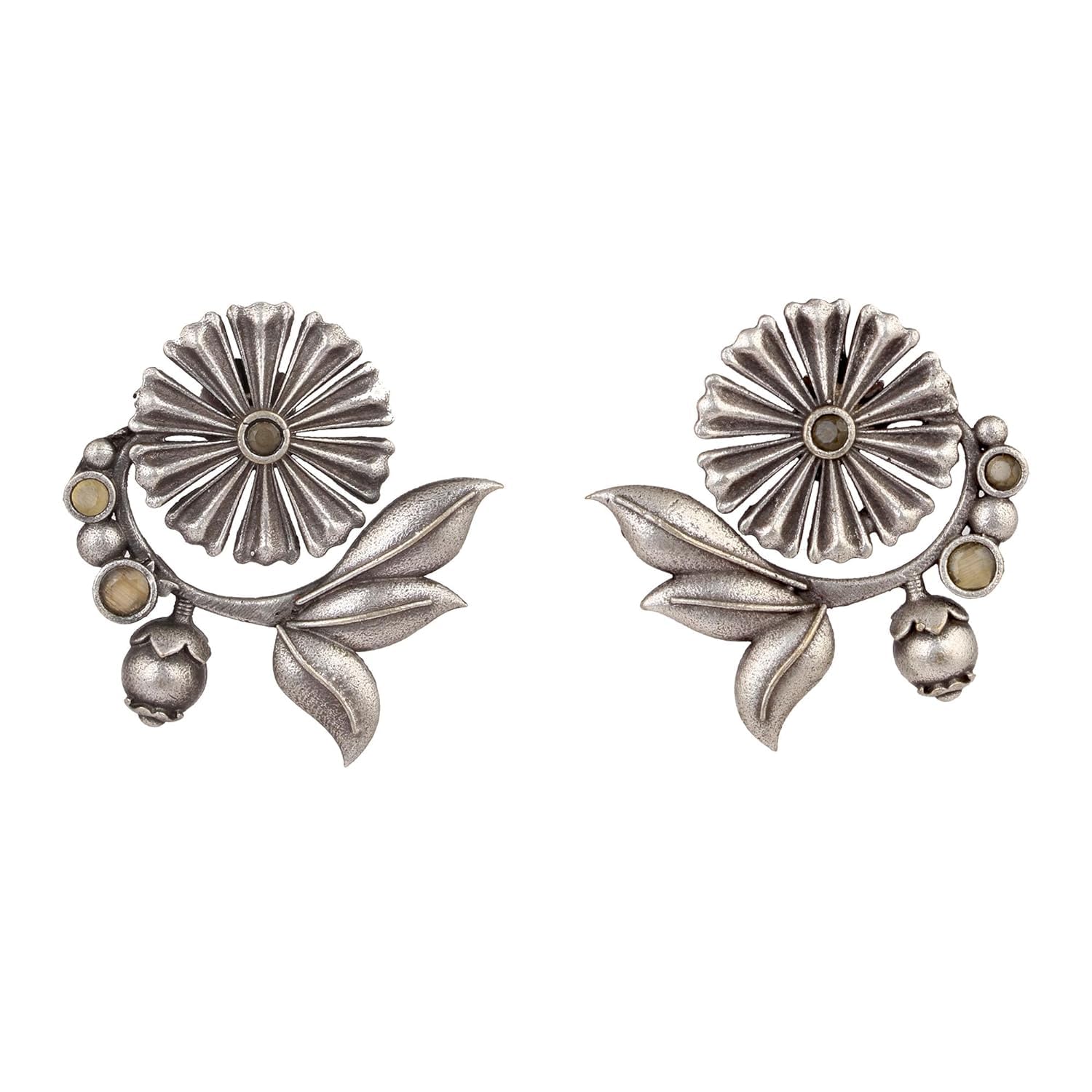 El Regalo Oxidized Brass Earrings for Women - Silver Lookalike/Silver Replica Floral Leaves Stones Statement earrings for Girls & Women- Handmade Earrings (Yellow)