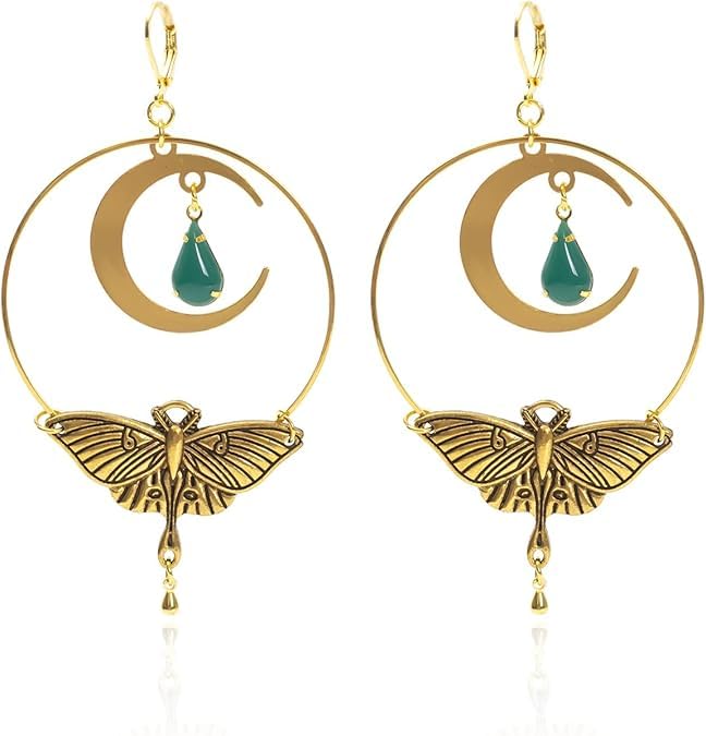 El Regalo Bohemian Luna Moth Dangle Earrings - Handmade Vintage Gold Hollow Circle Earrings with Moon & Moth Design - Retro Statement Jewelry for Women & Girls