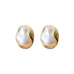 El Regalo Womens Classic Baroque Faux Pearl Stud Earrings - Elegant French Vintage Style, Irregular Geometric Abstract Golden Pearl
