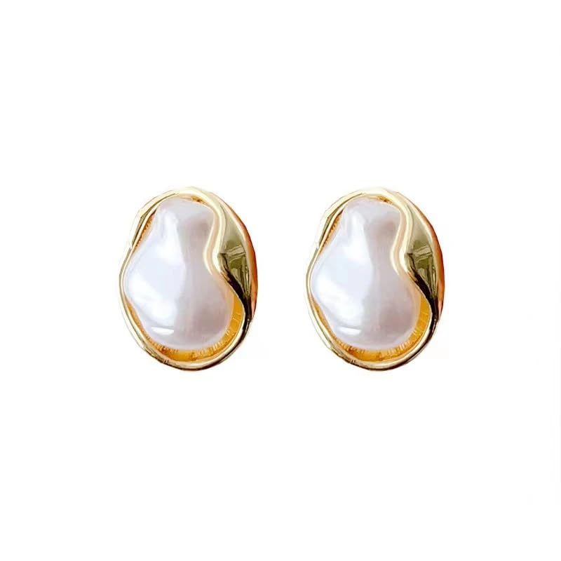 El Regalo Womens Classic Baroque Faux Pearl Stud Earrings - Elegant French Vintage Style, Irregular Geometric Abstract Golden Pearl