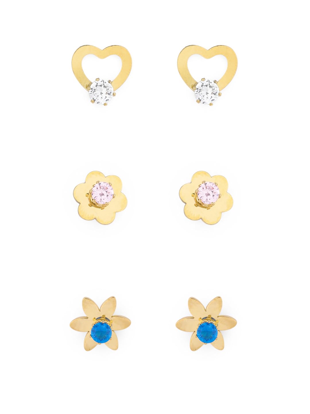 El Regalo 3 Pairs Cute Stainless Steel CZ Stud Earrings Combo for Kids/Girls/Teens/Women - Stars, Heart, Flower, Butterfly, Disco Ball, Stones - Hypoallergenic Flatback Earrings (Option-2)