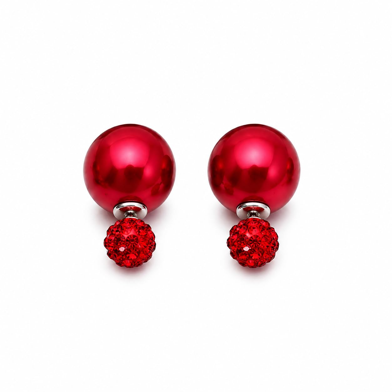 El Regalo's Double Sided 2 Ways Disco Ball Pearl Stud Earrings for Women | Reversible Front Back Ball Earrings | Crystal Rhinestone Back | Fashion Jewelry for Girls (Red Pearl)