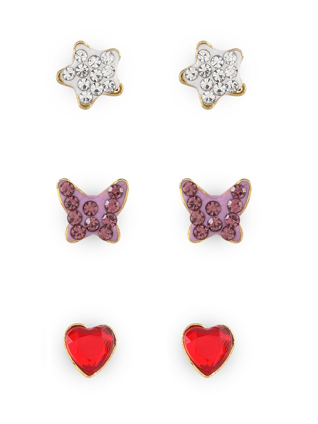 El Regalo 3 Pairs Cute Stainless Steel CZ Stud Earrings Combo for Kids/Girls/Teens/Women - Stars, Heart, Flower, Butterfly, Disco Ball, Stones - Hypoallergenic Flatback Earrings (Option-5)