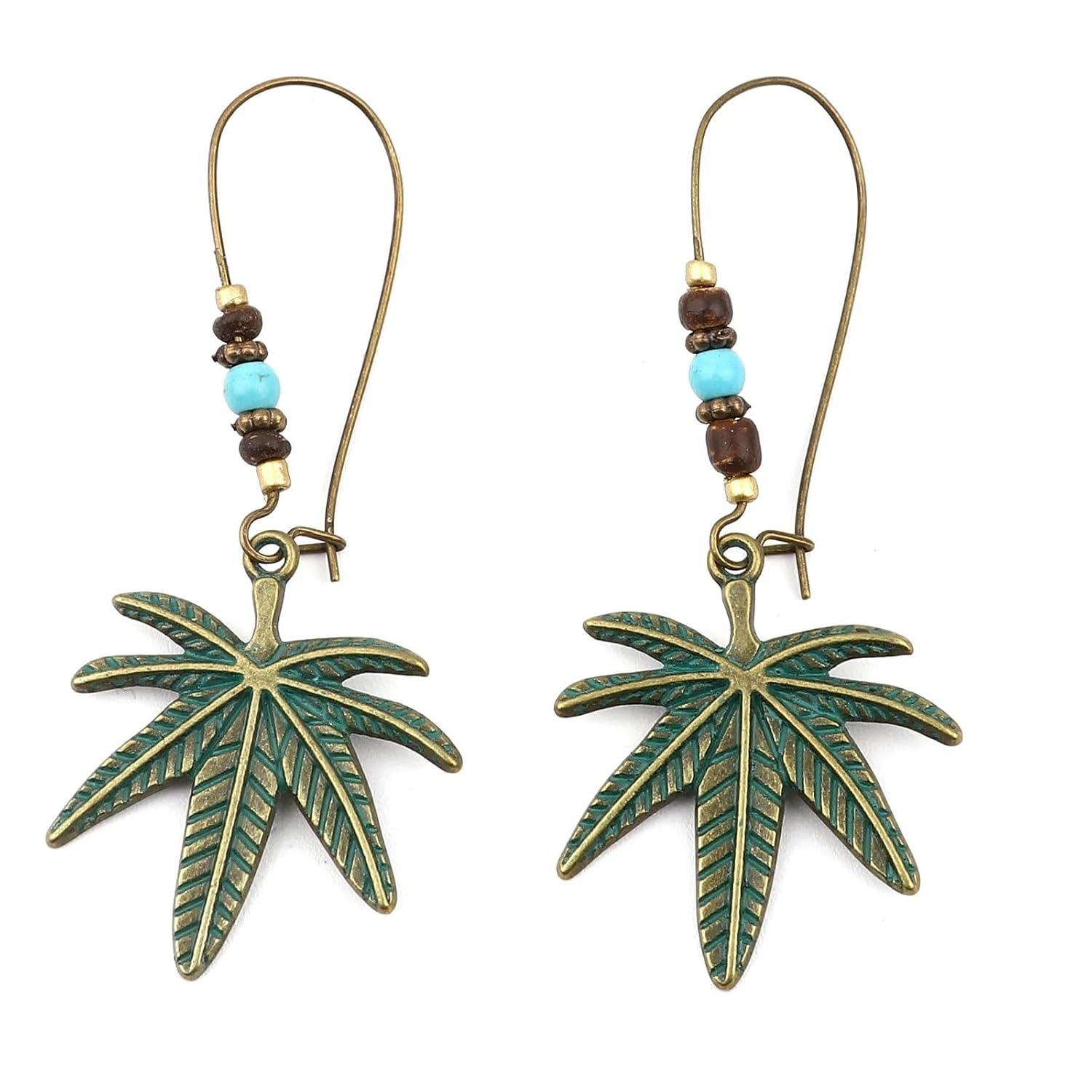 El Regalo Bohemian Antique Leaf Hook Earrings - Patina Finish Nature Inspired Dangle Earrings with Wooden & Bead Accents (Style-2)