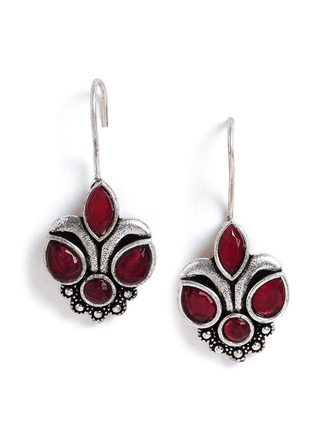 El Regalo Small Oxidized German Silver Stones Hook Earrings- Handmade Oxidized Indian Earrings (Cherry Pink)