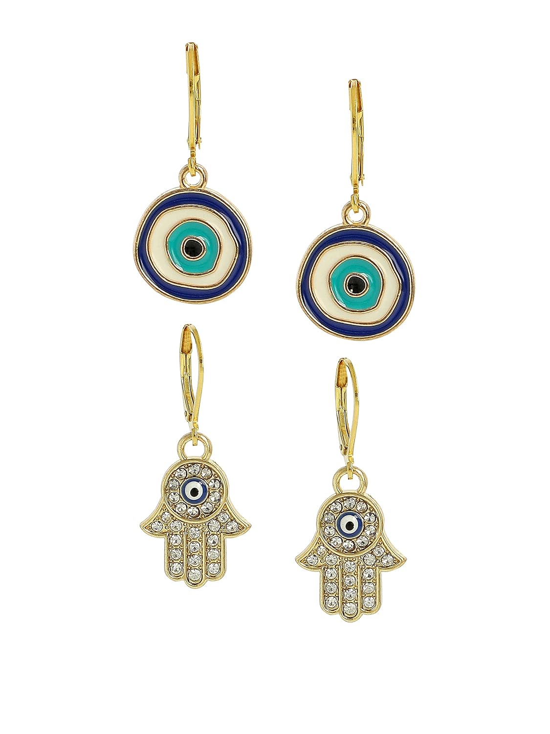 El Regalo 2 Pairs Evil Eye Hypoallergenic Dangle Heart, Star, Rainbow Studs/Hook Earrings - Handcrafted Golden Enamel Evil Eye Earrings for Girls & Women (Option- 5)
