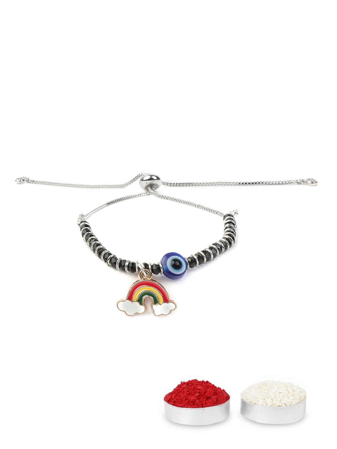 El Regalo Cute & Fancy Baby Evil Eye Nazaria Bracelet Rakhi with Roli Chawal, Rakhi Message Card in Rakhi Gift Box - Kids Evil Eye Adjustable Chain Rakhi (Rainbow Evil Eye Nazaria Rakhi)