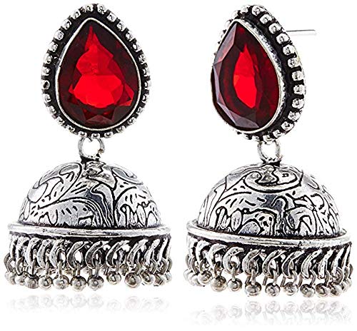 El Regalo Traditional Ethnic Statement Jhumka Stones Earrings in Oxidized Silver Finish for Girls & Women (Red)