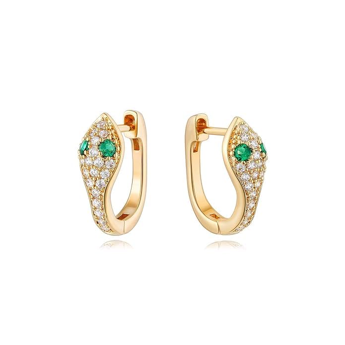 El Regalo Luxury Snake/Serpent Huggie Hoop Earrings with Green & White Cubic Zirconia for Girls/Women - Fancy Cartilage Cuff Piercing Studs