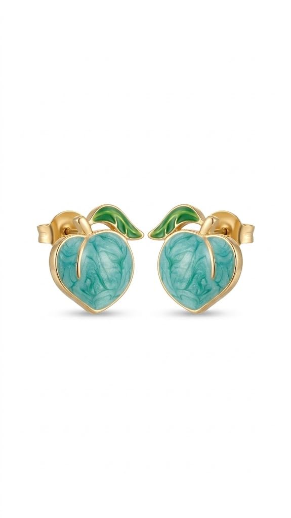 El Regalo Cute Gold Plated Stainless Steel Oil Drop Peach Stud Earrings for Girls & Women | Hypoallergenic Fruit Themed Fashion Earrings (Mint Green)