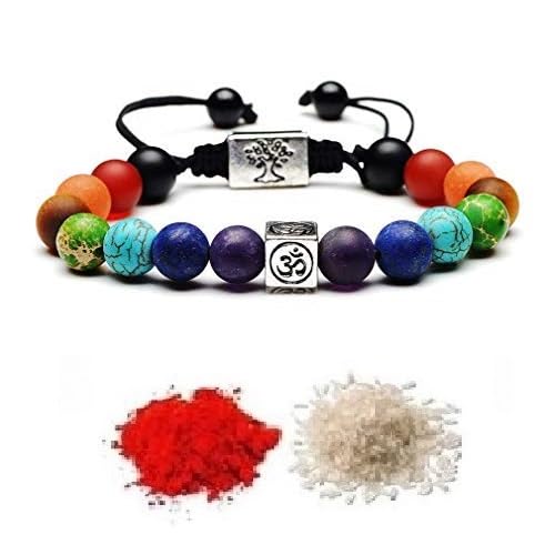 El Regalo 7 Chakra OM Bracelet Rakhi for Brother | Tree of Life & OM Charm Stone Unisex Spiritual Rakhi for Brother with Roli Chawal Shagun, Rakhi Message Card in Rakhi Gift Box (Antique Silver)