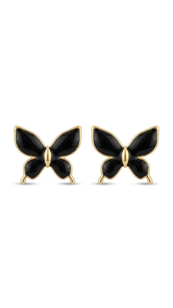 El Regalo Luxurious Oil Drip Stainless Steel Butterfly Stud Earrings for Women & Girls - Minimalist 18K Gold Plated Aesthetic Enamel Butterfly Jewelry for Daily, Party & Gifting (Black)